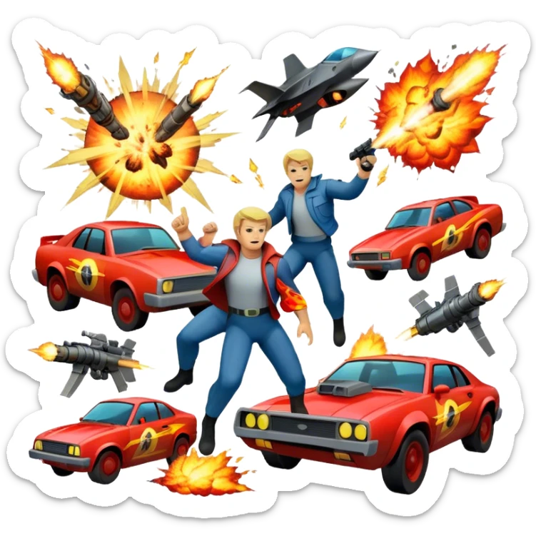 Icon for Action Movies Collage: Collage of iconic action movie elements, including explosions, a hero with weapons, a high-speed chase, and dramatic fight scenes. The design should be dynamic, colorful, and full of energy, capturing the essence of action films. Transparent background. sticker