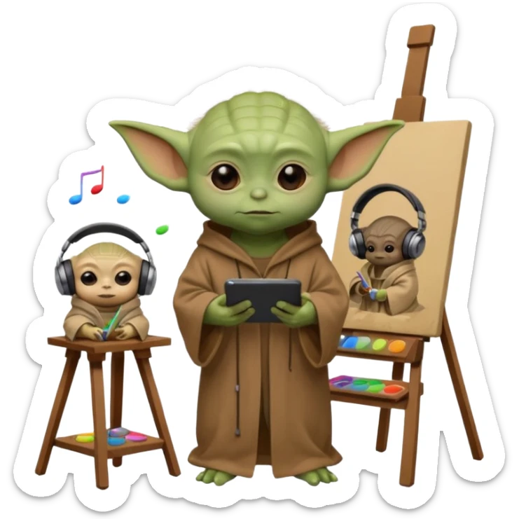 Baby Yoda in his brown robe listening music on his headphones, painting a picture on an easel and surrounded by paint pots. sticker
