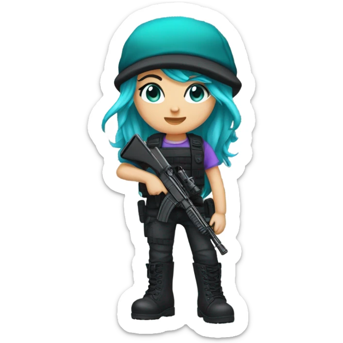 Girl, white skin, tactical vest, dark pants, long teal hair, blue eyes, purple beanie hat, gun, black combat boots sticker
