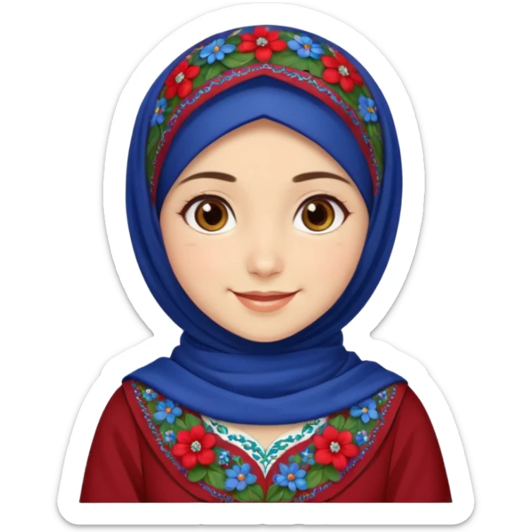 Turkish beautiful finish Konya girl brown eyes white skin with red blue indigo green mini mixed flowers hijab and brown islamic dress and smiles sticker