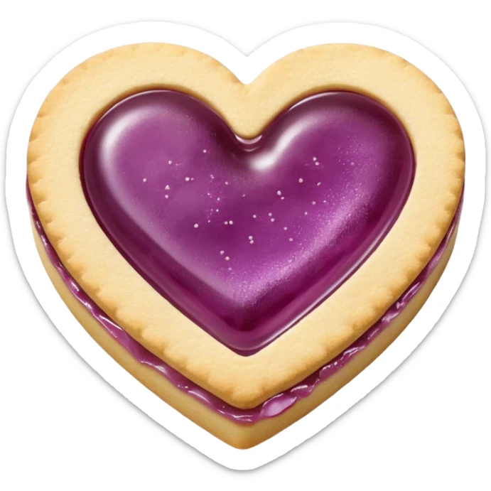 Realistic shortbread cookie in the shape of a heart with mauve jelly middle filling and sprinkled powder sugar on top. sticker