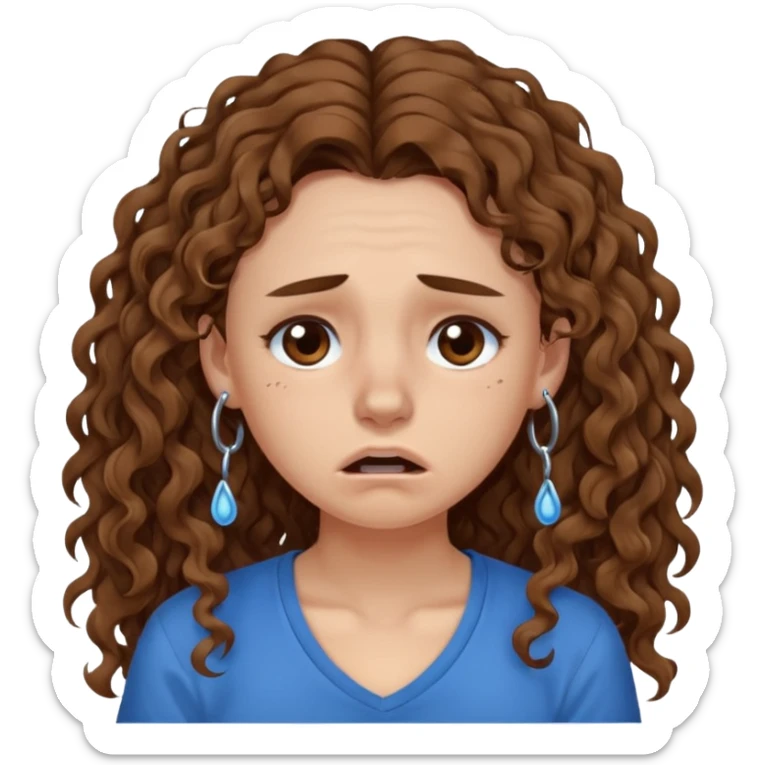 white young curly long hair girl, brown hair, with a blue shirt, in despair crying, brown eyes, septum sticker