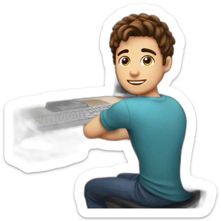 17 year old boy with brown hair big bushy eyebrows and face stubble sitting behind a computer  sticker