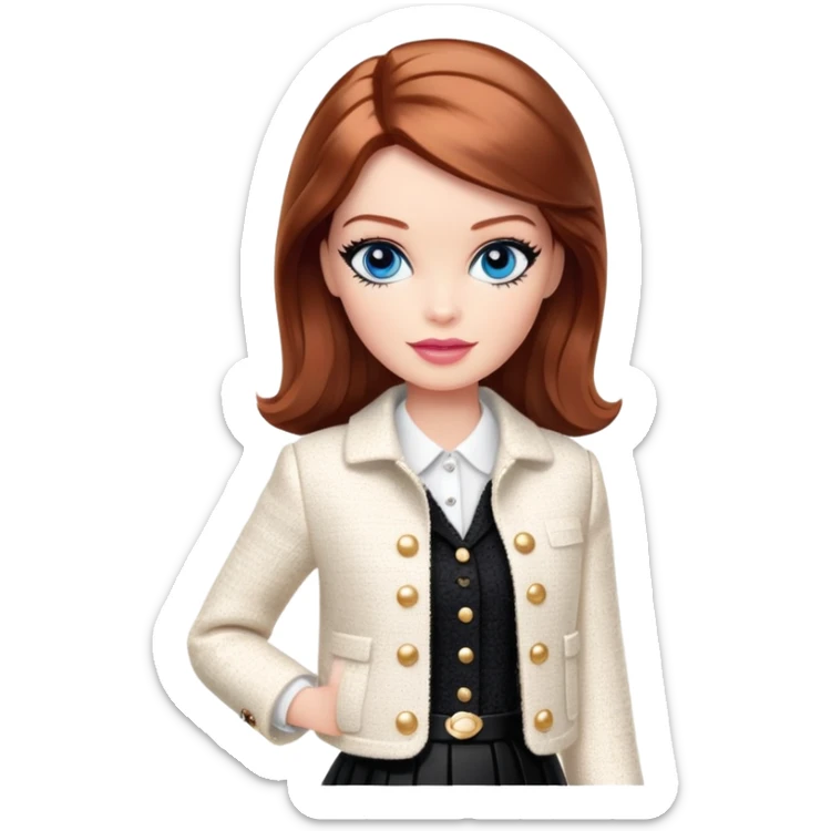 A Barbie girl with blue eyes, shoulder-length reddish-brown hair with makeup, wearing a white tweed jacket and a black skirt stands with chanel brand cream sticker