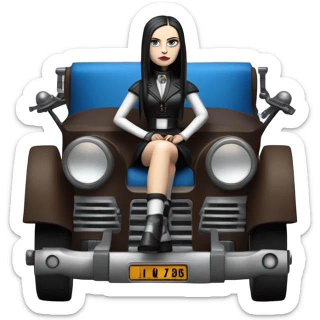 Jedi bounty hunter Wednesday Addams racing sitting in a modern blue,red and pewter steampunk electric luxury sticker