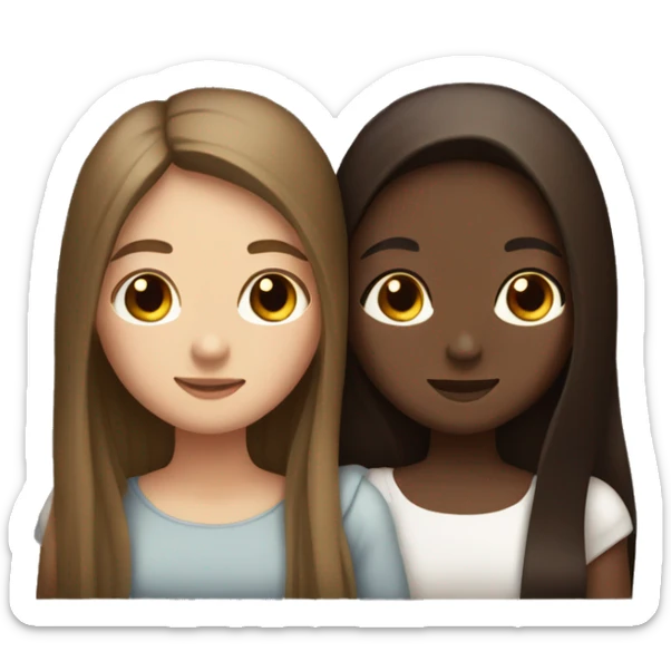 Two girls hugging one white skin  with long straight brown hair and the other with brown skin long dark brown hair  sticker