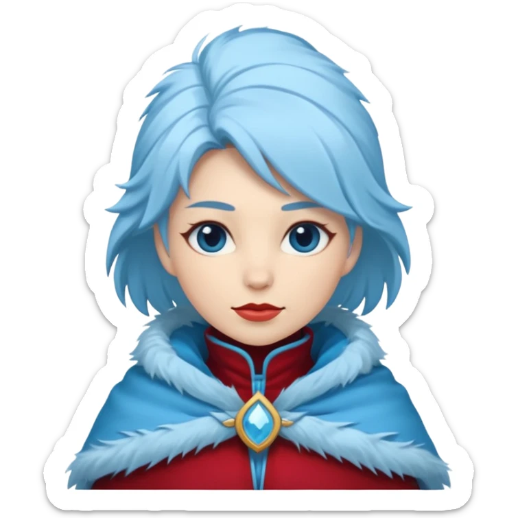 Fantasy human emoji portrait, simple winter mantle with icy blue fur trim and crimson inner fabric, northern winter aesthetic, calm heroic expression, clean flat emoji design, female variant
 sticker