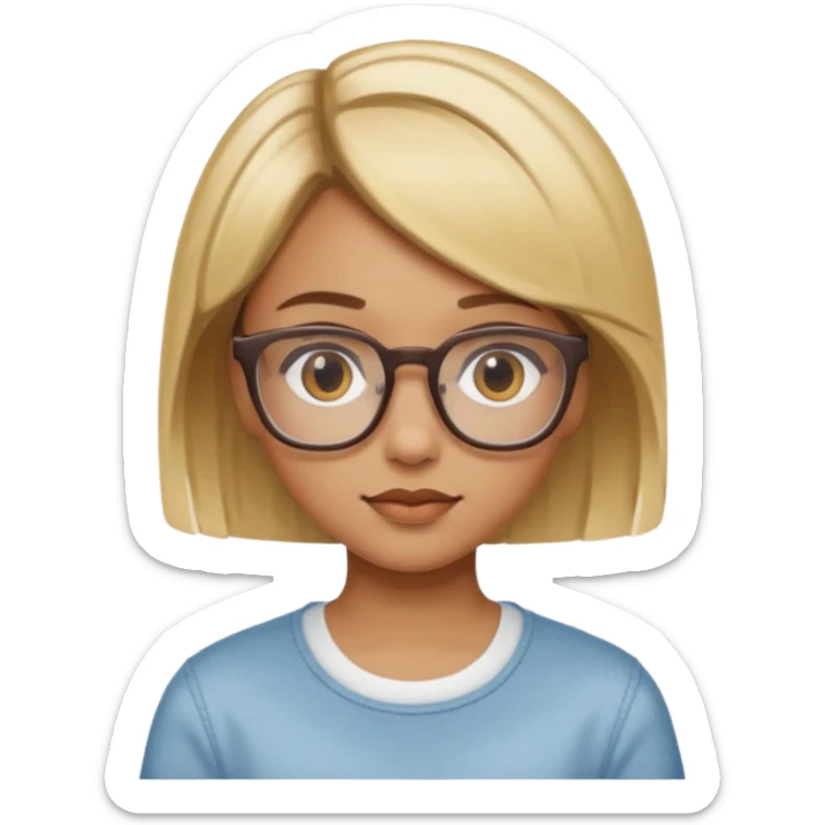 Una chica de piel morena clara con cabello corto de color rubio en mechones y lentes cuadrados sticker
