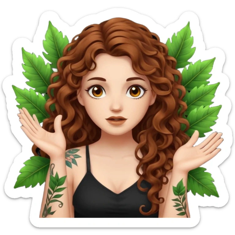 woman with long curly brown hair, brown eyes, white skin, tattoos, sarcastic slow clap made of glowing leaves sticker