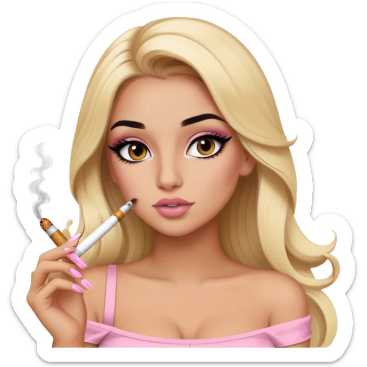 blonde long hair gorgeous girl with latina makeup smoking a cigarette winged eyeliner big lashes light pink tube top sticker