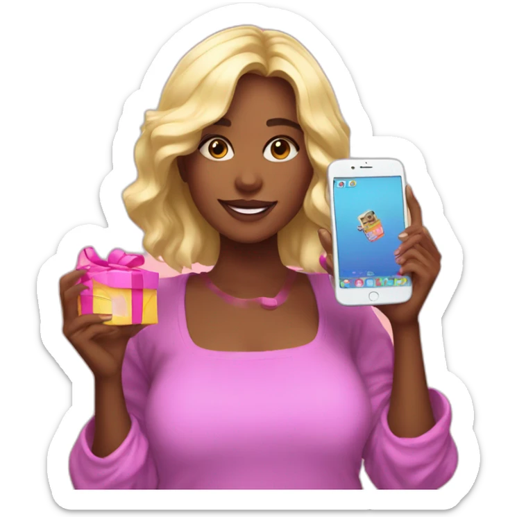 influencer taking a picture of herself holding a bright box in her arms sticker