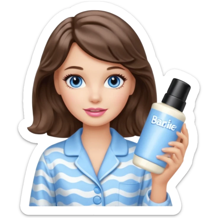 Barbie girl with makeup, blue eyes , and bob long haircut wavy, short brown hair in creamy color pajamas, face cream in hand sticker