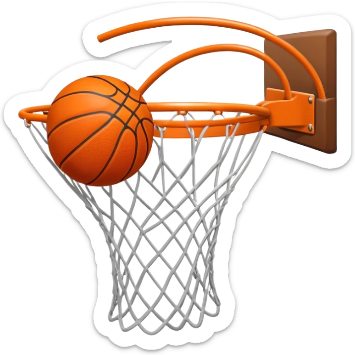 A close-up of a basketball shield and hoop with the ball swishing through the net, captured mid-air. The background emphasizes the tension and excitement of the moment, with the rim and net in sharp focus, showcasing the precision and skill of the sport. sticker