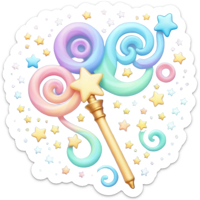 Cinematic cute magical wand, pastel swirls of color, tiny twinkling stars floating around, glowing softly, chubby rounded edges, whimsical and dreamy. sticker
