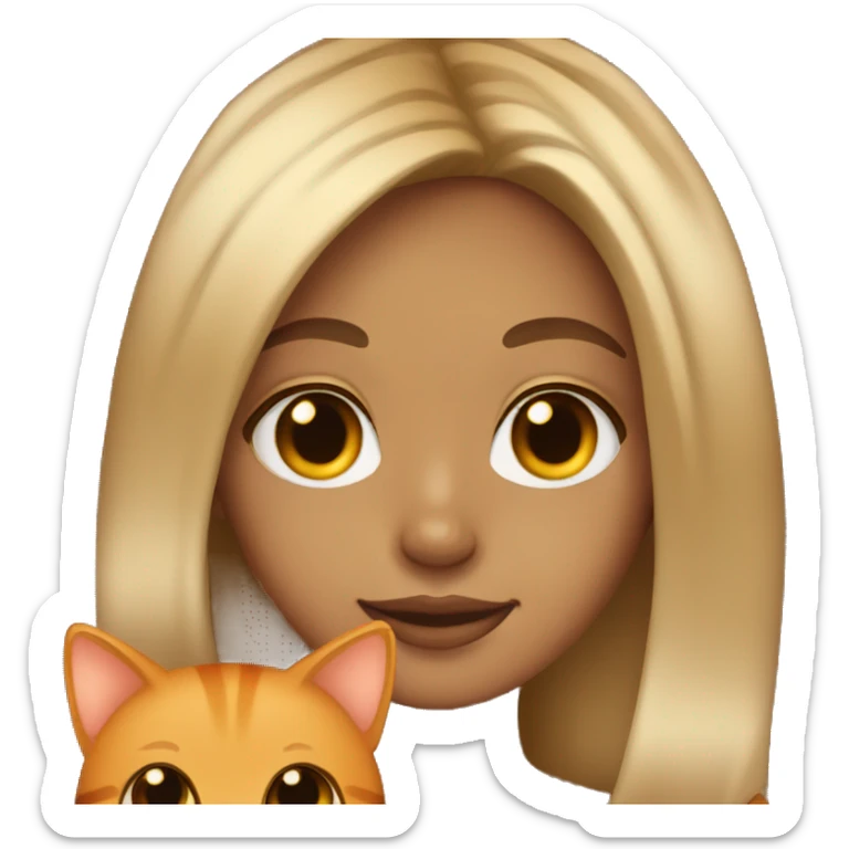 Tan girl with blonde balayage and brown eyes holding an orange cat sticker