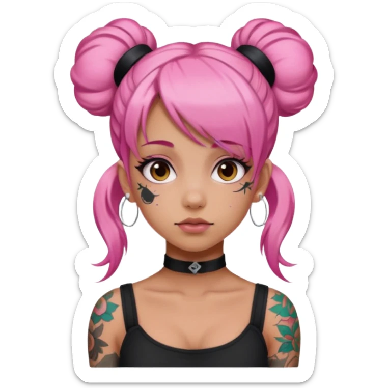 Tattooed girl with space buns and side bang pink hair  sticker