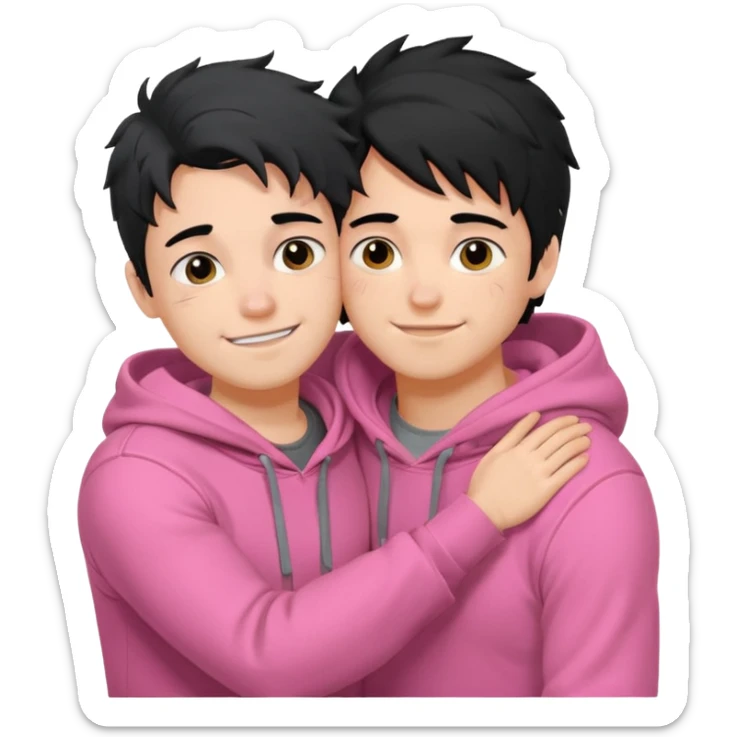 generate a pretty bratz fair skinned boy with messy black hair in a grey hoodie. Hugging his girlfriend who is wearing pink. Make him muscled. Boy in grey hoodie, girl in pink sticker