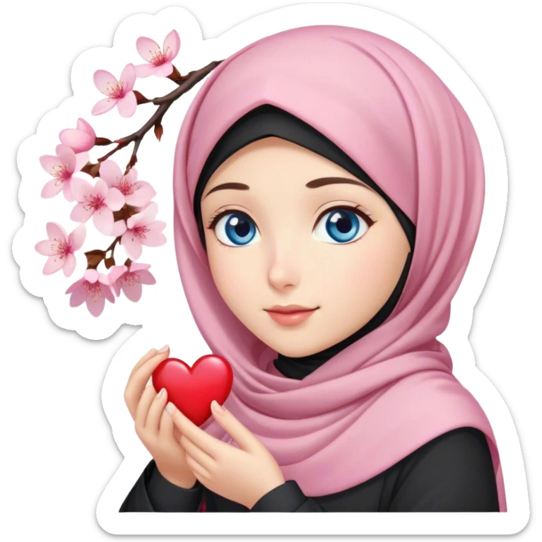 Turkish beautiful finish Konya girl blue eyes with cherry blossom flower design hijab and hold heart in her hand  sticker