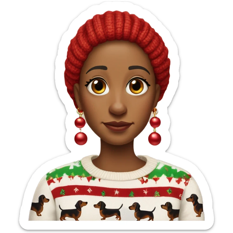 Skin tone: My skin is quite pale with a very tiny hint of peace. Outfit: An ugly Christmas sweater with brown dachshunds on it. Accessories: Just lady bug earrings. Expression: Unbothered sass. My age: 80  sticker