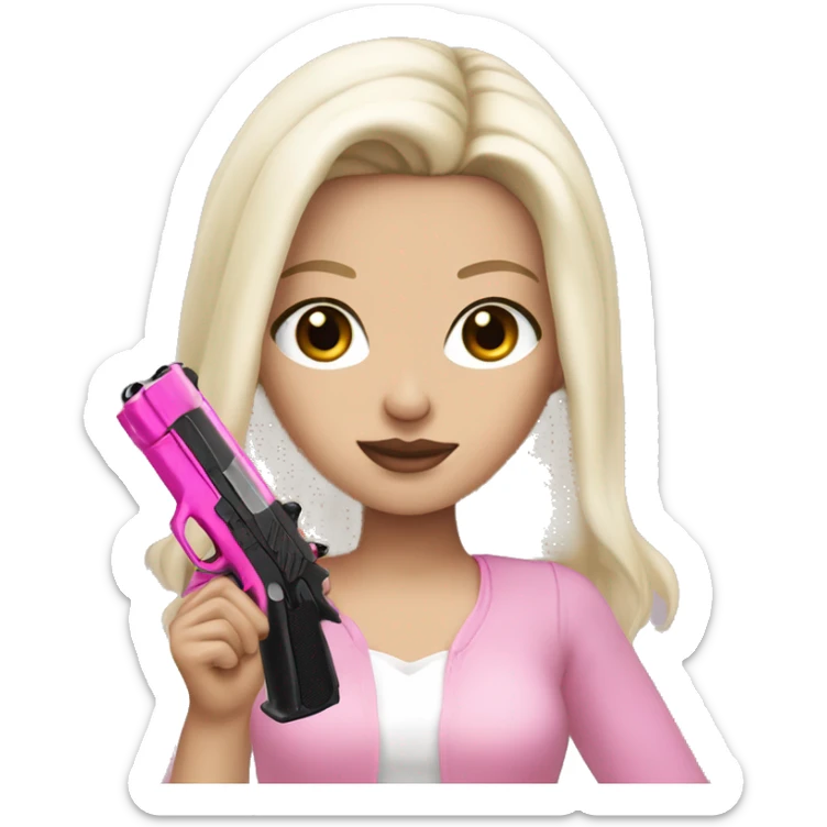 White Girl hand pink nails holding pink gun with black hair and brown eyes sticker
