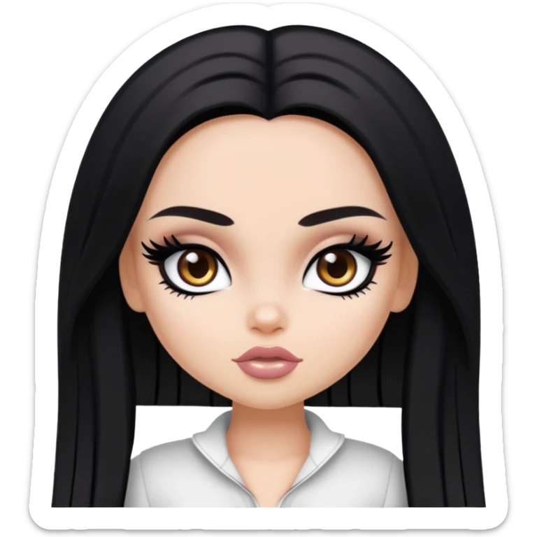 pretty bratz baddie, black eyeliner, medium white skin, jet-black long hair, dark brown eyes sticker