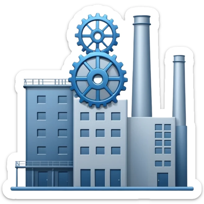"A minimalist vector icon of a modern manufacturing factory building with a gear symbol above it. Blue and grey color scheme, flat design, white background, simple thick lines, professional business logo style." sticker