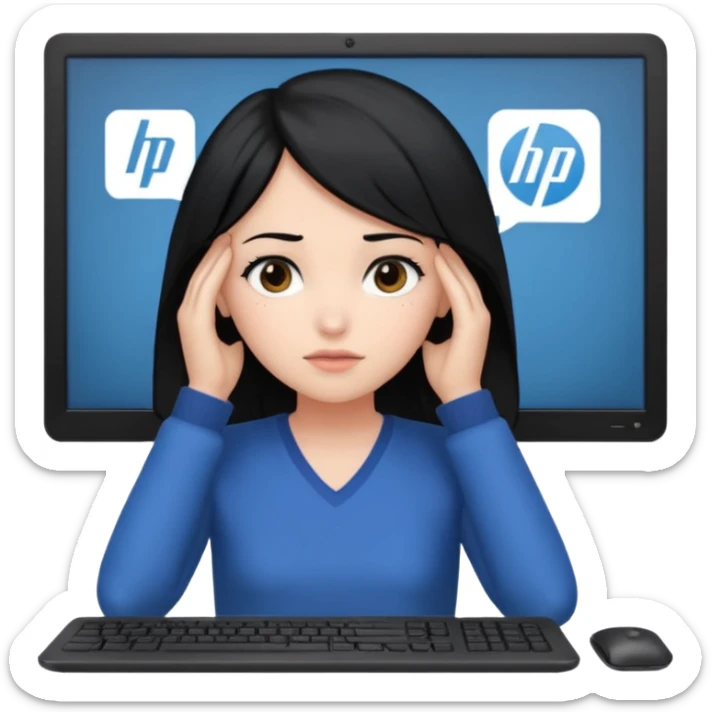 A girl is in front of a computer and is holding her head.The one with black hair And the computer is of a certain type hp sticker