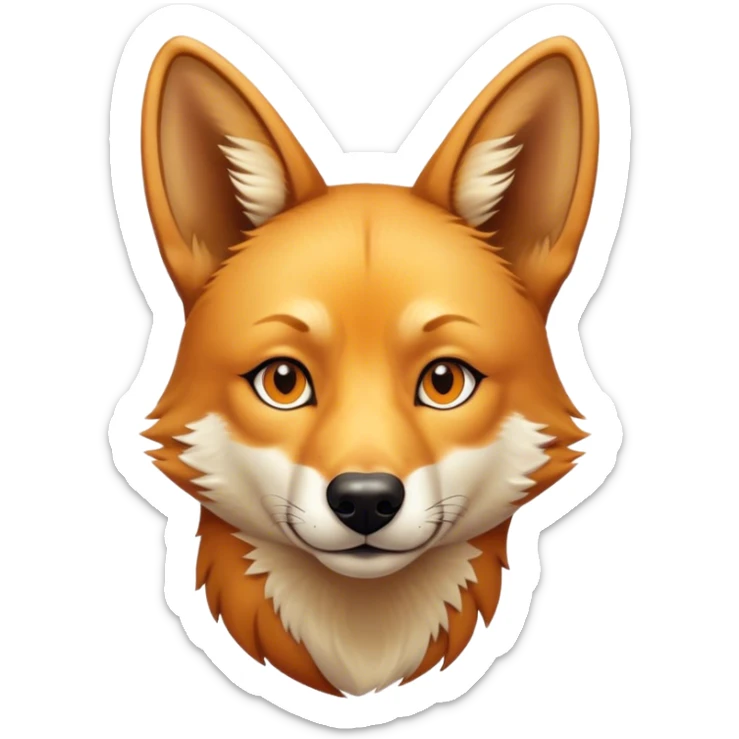 Cinematic Noble Dingo Portrait Emoji, Poised and regal, with a lean, agile build and a short, sandy-tawny fur that speaks of the wild outback, deep-set soulful amber eyes and alert ears, Simplified yet sharp and sophisticated features, highly detailed, glowing with a soft, dignified glow, high shine, intelligent and resourceful, stylized with an air of untamed elegance, focused and attentive, soft glowing outline, capturing the essence of a watchful and confident wild canine, so majestic it feels as though it could trot out of the screen with effortless authority! sticker