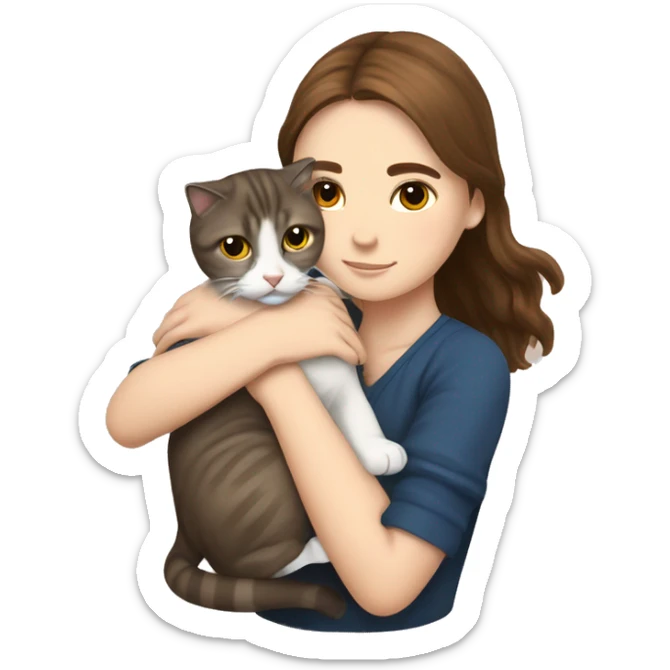 Girl with brown hair and drown eyes hug Scottish fold cat  sticker