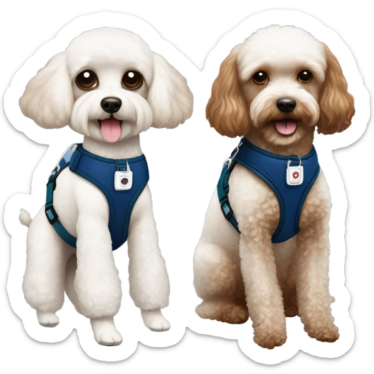 Brown toy poodle with teddy bear haircut wearing dark blue harness and all white Maltese wearing dark green harness sticker