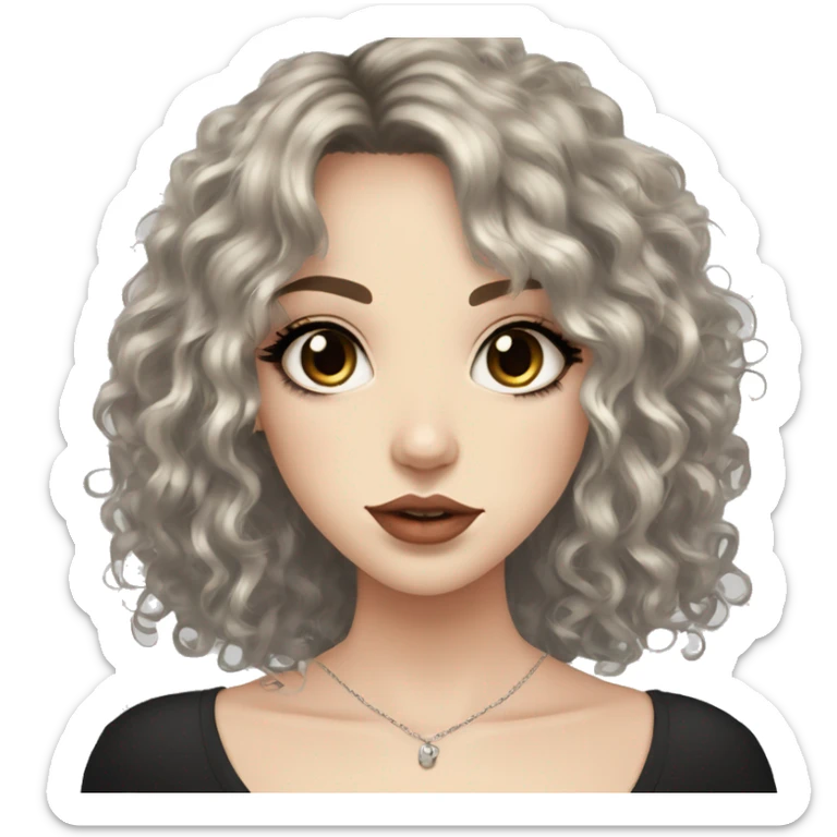 girl pretty, pale skin and medium length curly black hair with hair layers, bangs, big hazel eyes, big lips, small nose, nose nostril piercing, three ear piercings sticker