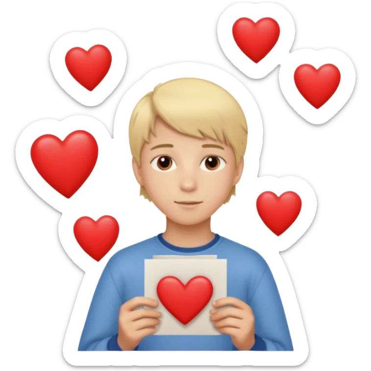 Un garçon blond aux yeux marrons de 13 ans qui tient avec ses mains un L avec des cœurs autour de son visage sticker