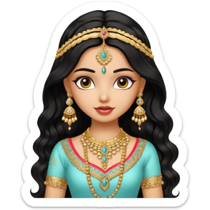 a pretty bratz fair indian girl wearing an indian wedding outfit,  golden jewellery, black wavy hair sticker
