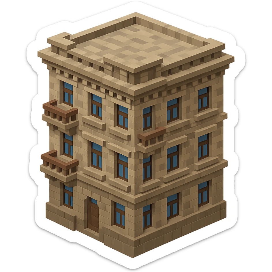old Saint Petersburg building in voxel style, gray-brown palette, detailed cornices and balconies, isometric view sticker