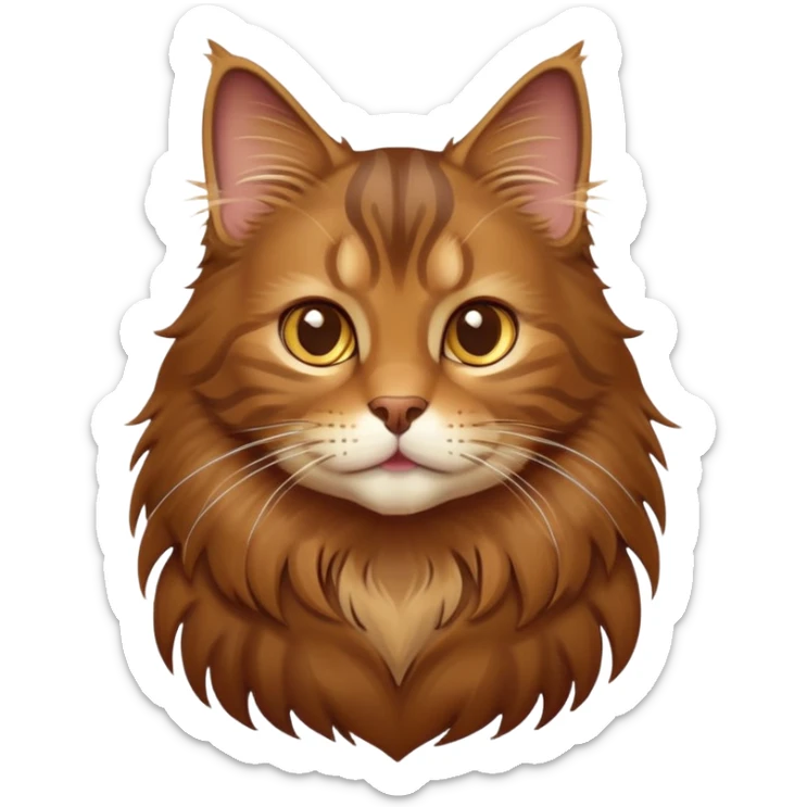 cinematic-cute brown-maine-coon-cat-portrait-emoji,-head-tilted-playfully-and-inquisitively,-sleek--brown-and-gold-tones-with-hints-of-deep-auburn-fur,-simplified-yet-adorable-features,-highly-detailed,-glowing-with-a-warm,-friendly-glow  sticker
