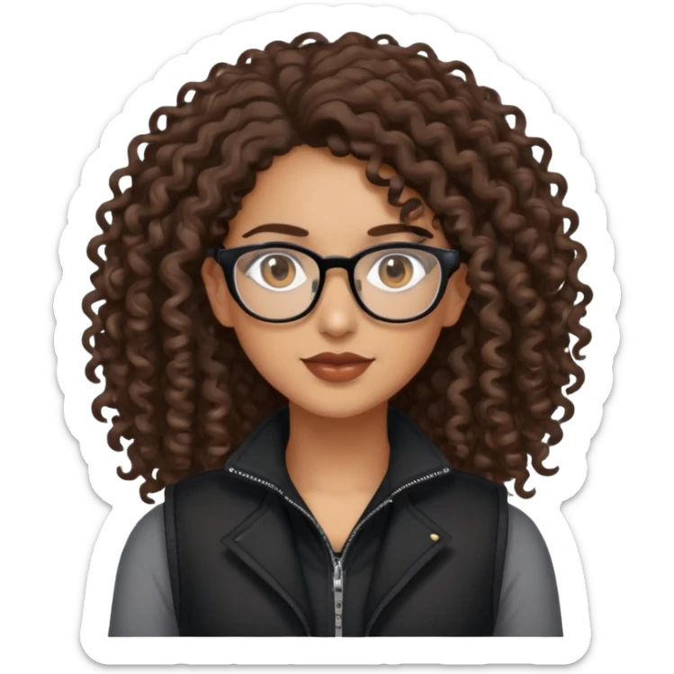 Mixed girl /curly long hair brown / with brown eyes glasses black vest  sticker