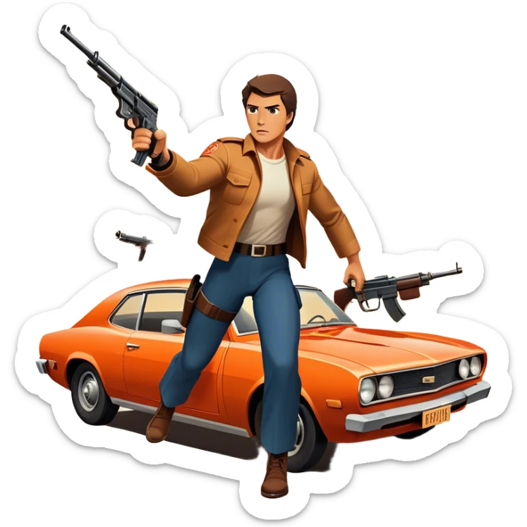 Icon for Action Movie: A vintage movie poster-style design featuring intense action scenes—explosions, gunfire, and dramatic stunts. Include a hero in a dynamic pose with weapons, a car chase, and a fiery background. Retro cinematic feel with bold typography. Transparent background. sticker