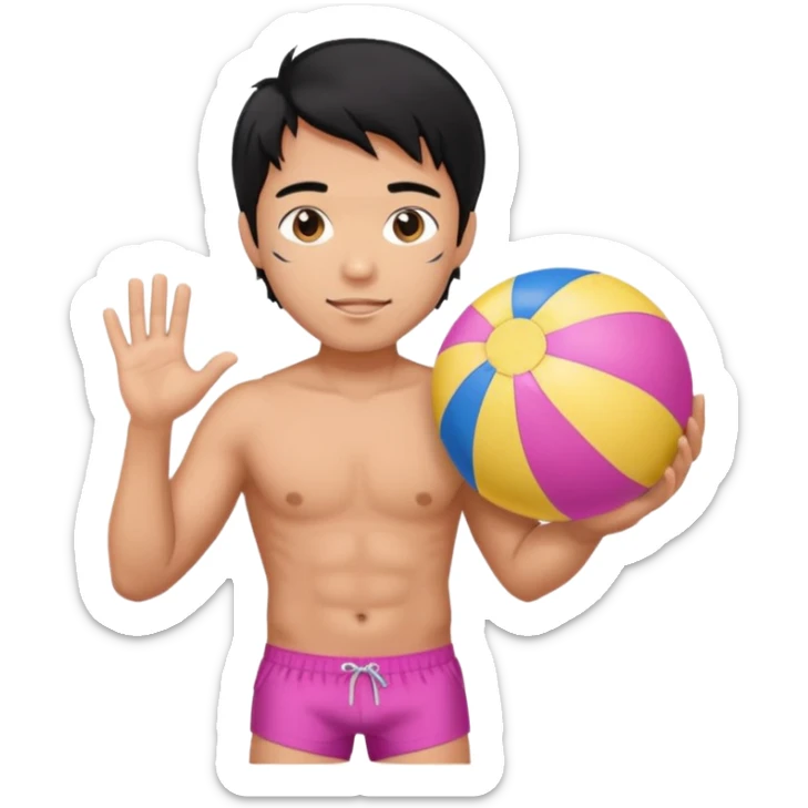 Hawaiian male with black hair with pink highlights and a swim short, with beach ball sticker