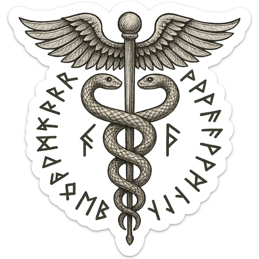A caduceus intertwined with Viking runes, combining medical and Norse themes sticker