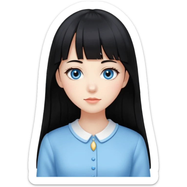 Uma mulher, pele branca, cabelos longos liso preto, franja estilo hime cute, olhos no tom azul celeste, estilo amendoados, cílios delicados longos, usando roupas elegantes sticker