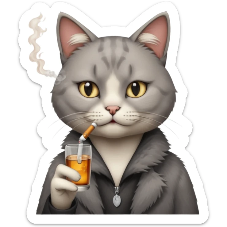 hazme a un gato fumando cigarro mientras toma alcohol y está depre sticker