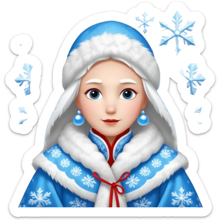 Legendary fantasy human Christmas portrait icon, Grandfather Frost and Snow Maiden style, traditional winter robe with fur, magical snow patterns, kind powerful expression, icy blue and white colors with red accents, classic Slavic winter fairy tale mood, clean readable emoji style, male/female sticker