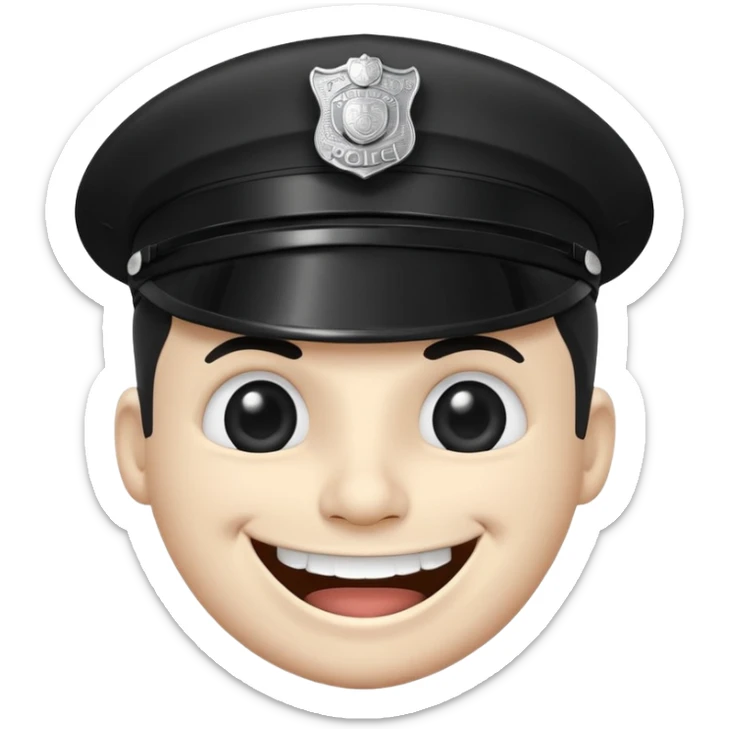 Black-and-white line drawing of a cartoon face with a round head, large round eyes, and a wide toothy grin showing a big happy smile. He is a police officer stopping you. Plain white background, simple and playful style. sticker
