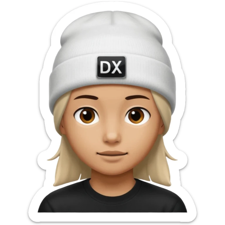 wearing a white beanie with an black square logo with the word "DX" written on it.

 sticker