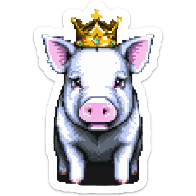 cute anime style pig with a golden crown, inspired by Technoblade, made out of Minecraft blocks, blocky and pixelated, expressive and charming sticker