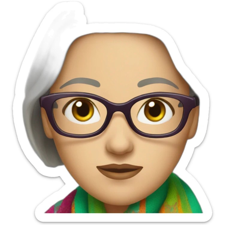 white-woman-with-graying-bob-green-eyes-and-glasses-wearing-colorful-shawl sticker