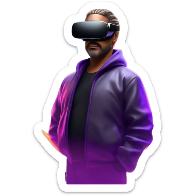 Big Lebowski wearing a black hoodie with "OMG" letters on it and VR headset oculus quest 2 in a cyberpunk VR environment with violet neon lighting. sticker