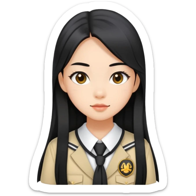 trendy schoolgirl with Asian skin, straight black long hair, chic uniform sticker