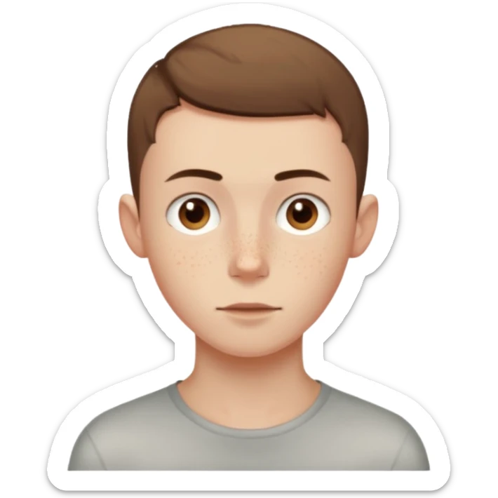 a skinny pale boy with very short buzzcut brown hair and a bit of freckles sticker