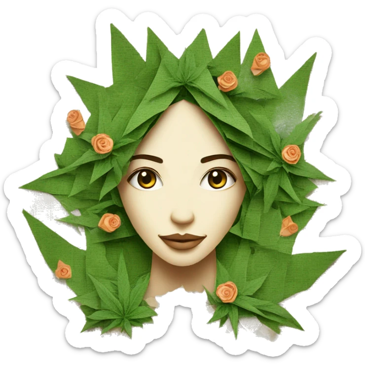  Hemp 420 lady face made of 420 origami newspaper roses hemp leaves lantern fairy lights burning paper and hemp leaves in hair  sticker